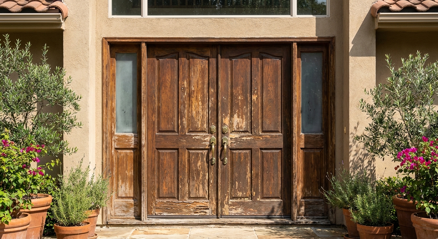 Old wooden front entry door on a Dallas home